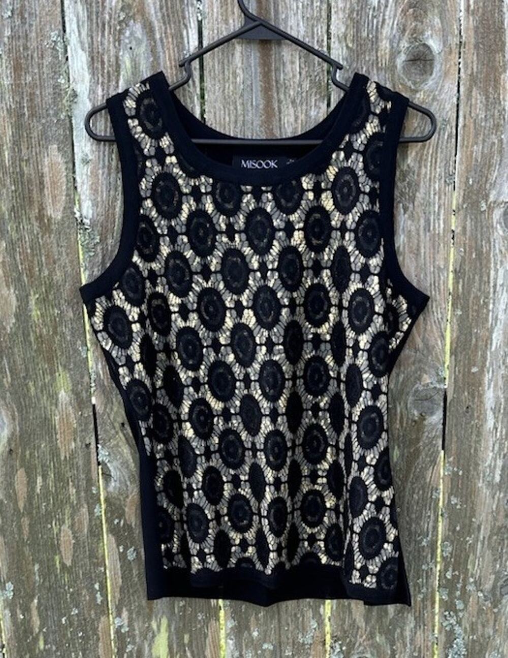Misook Woman Acrylic Knit Sleeveless Shell Tank Top Black Gold Size M Sunflower
